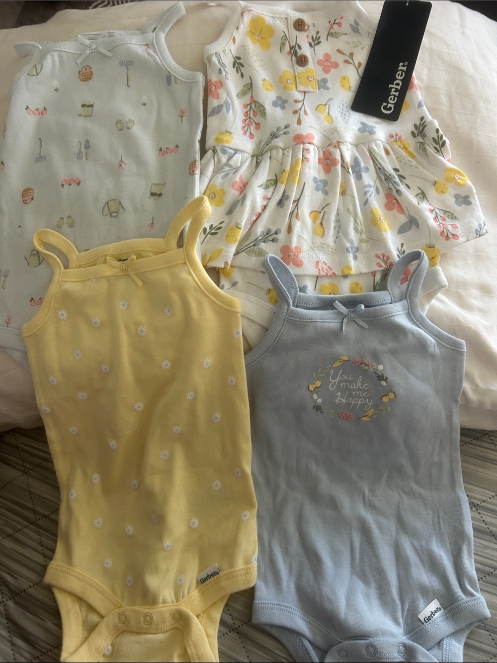 Gerber Yellow, Light Blue & White Floral Tank Bodysuit 4-pack